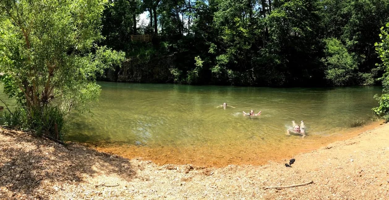 Swimmers in a clear, tree-lined swimming hole in Southeast Missouri